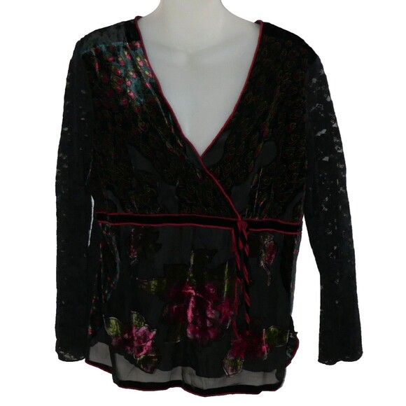Katie Todd Boho Style Laced Sleeve Peacock Feathers Floral Velvet Top Size L - Picture 1 of 9